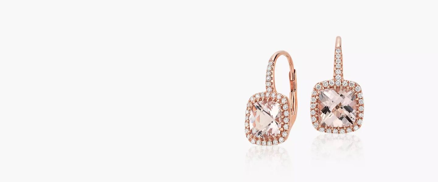 Cushion cut morganite gemstones featured in rose gold drop earrings